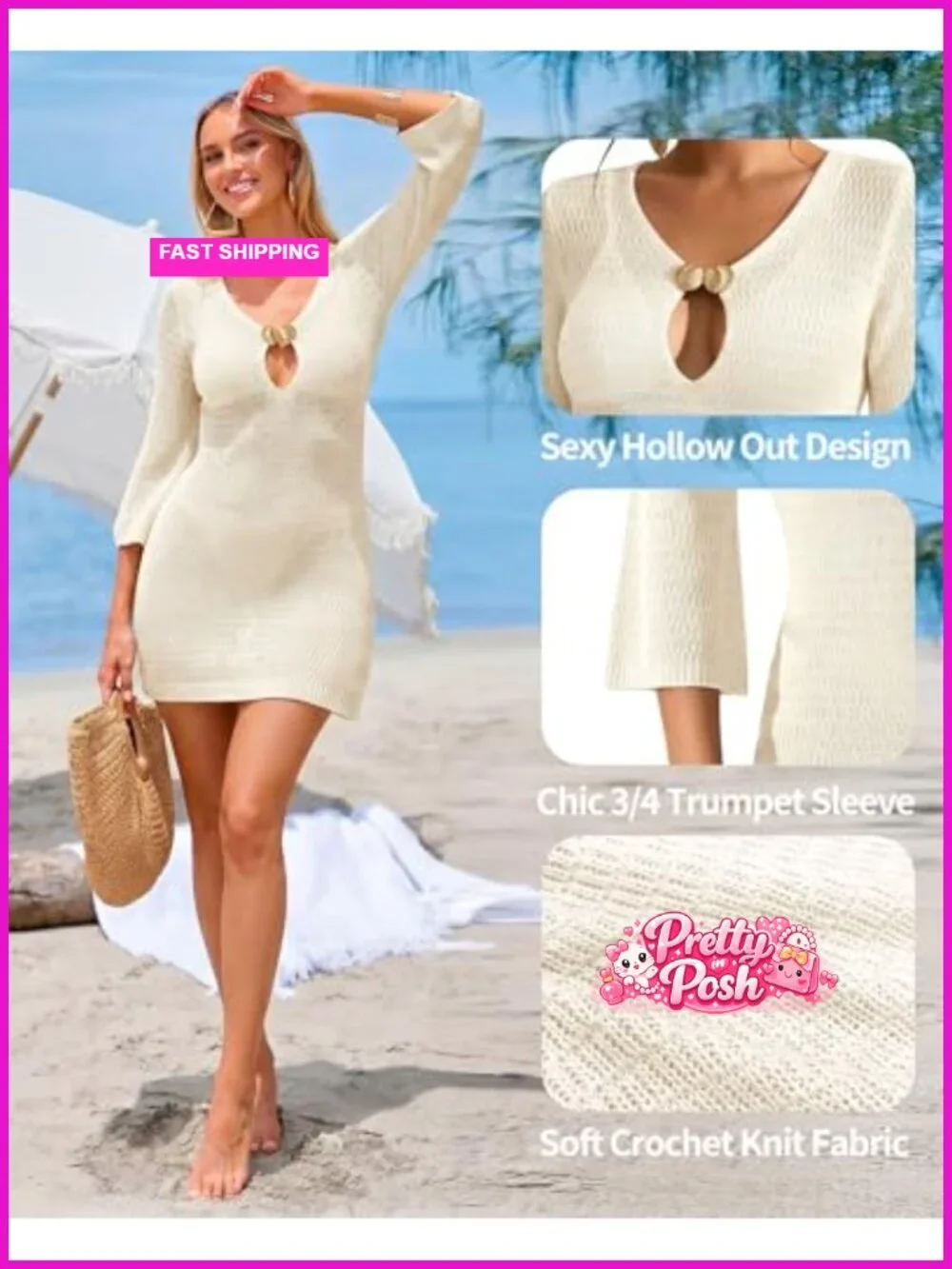 Crochet Swimsuit Cover Up 3/4 Sleeve Knit Cutout Beach Dress Vacation